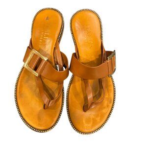 Italian Shoemakers Tan Leather Thong Sandals Gold Buckle Slide Size 6